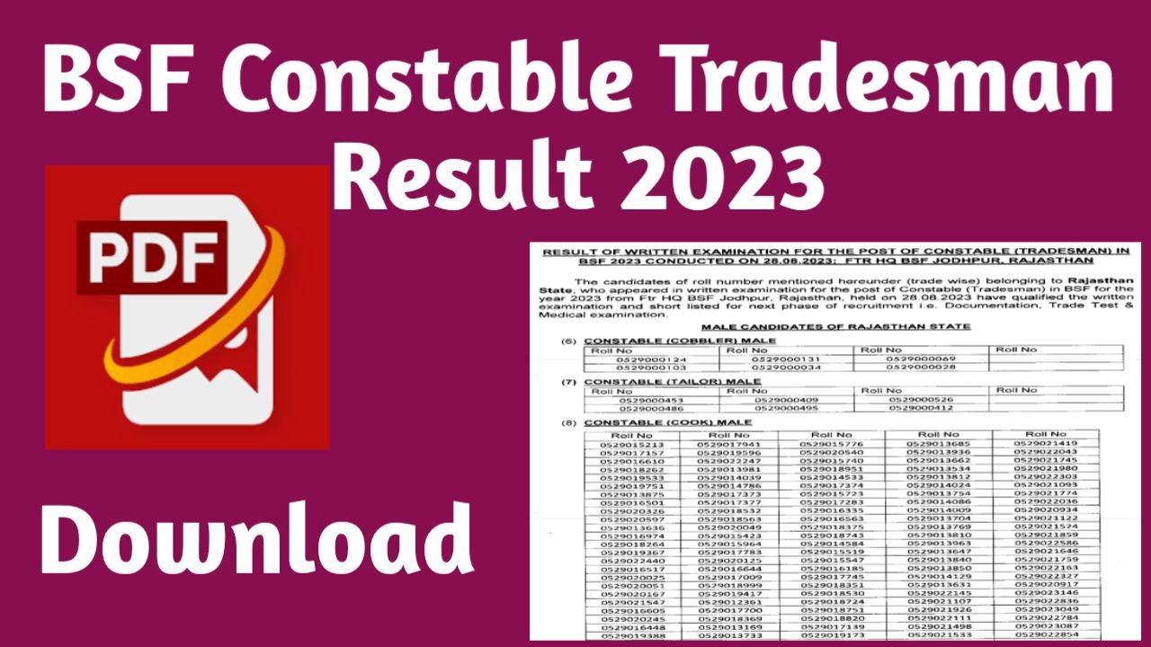 BSF Constable Tradesman Result 2023 PDF Download