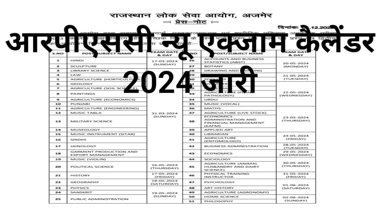 RPSC Exam Calendar 2024 PDF Download आरपीएससी का नया एक्जाम कैलेंडर