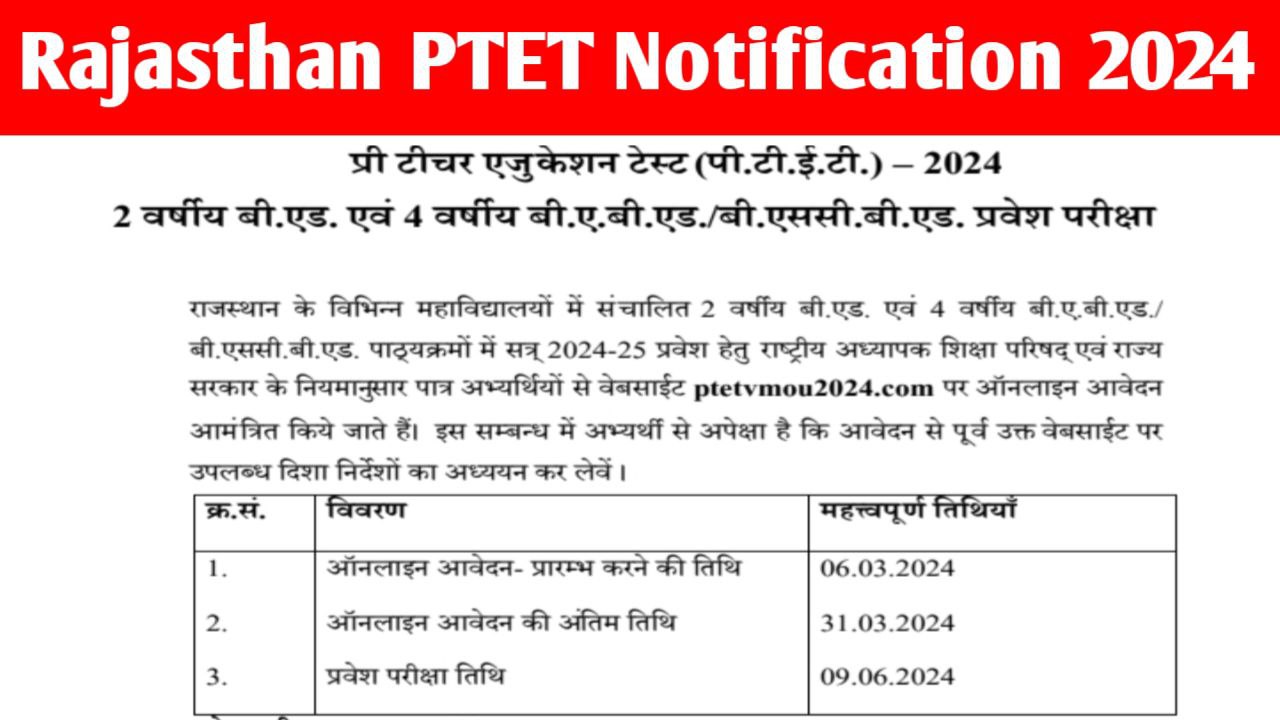 Rajasthan PTET 2024 Notification Latest News